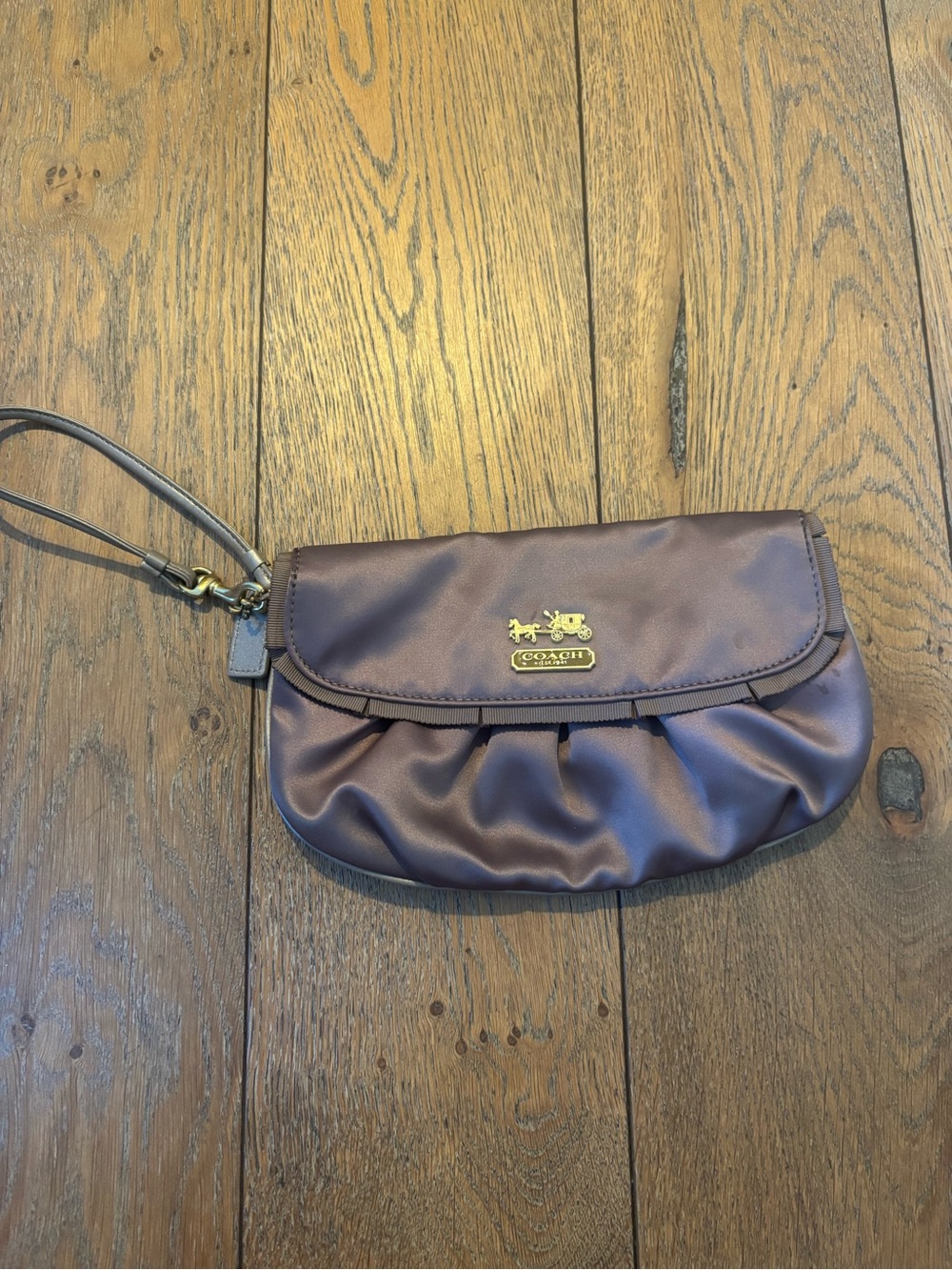 Coach Grey Satin Wristlet Clutch with Gold Logo